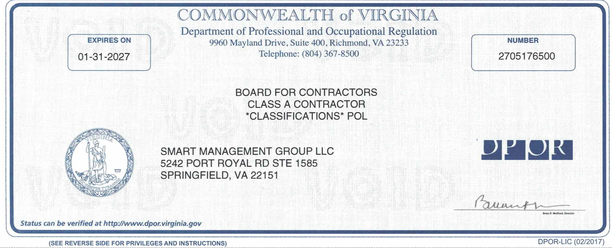 Virginia Class A contractor license