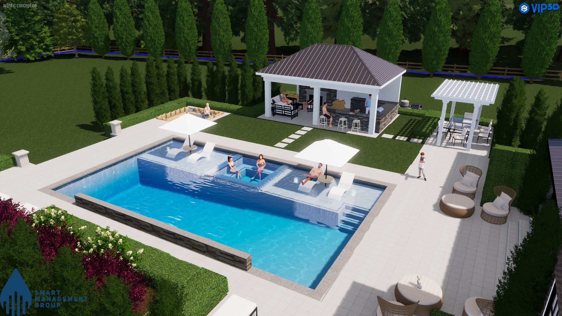 3D pool design rendering with spa, patio, pavilion, and lounge areas