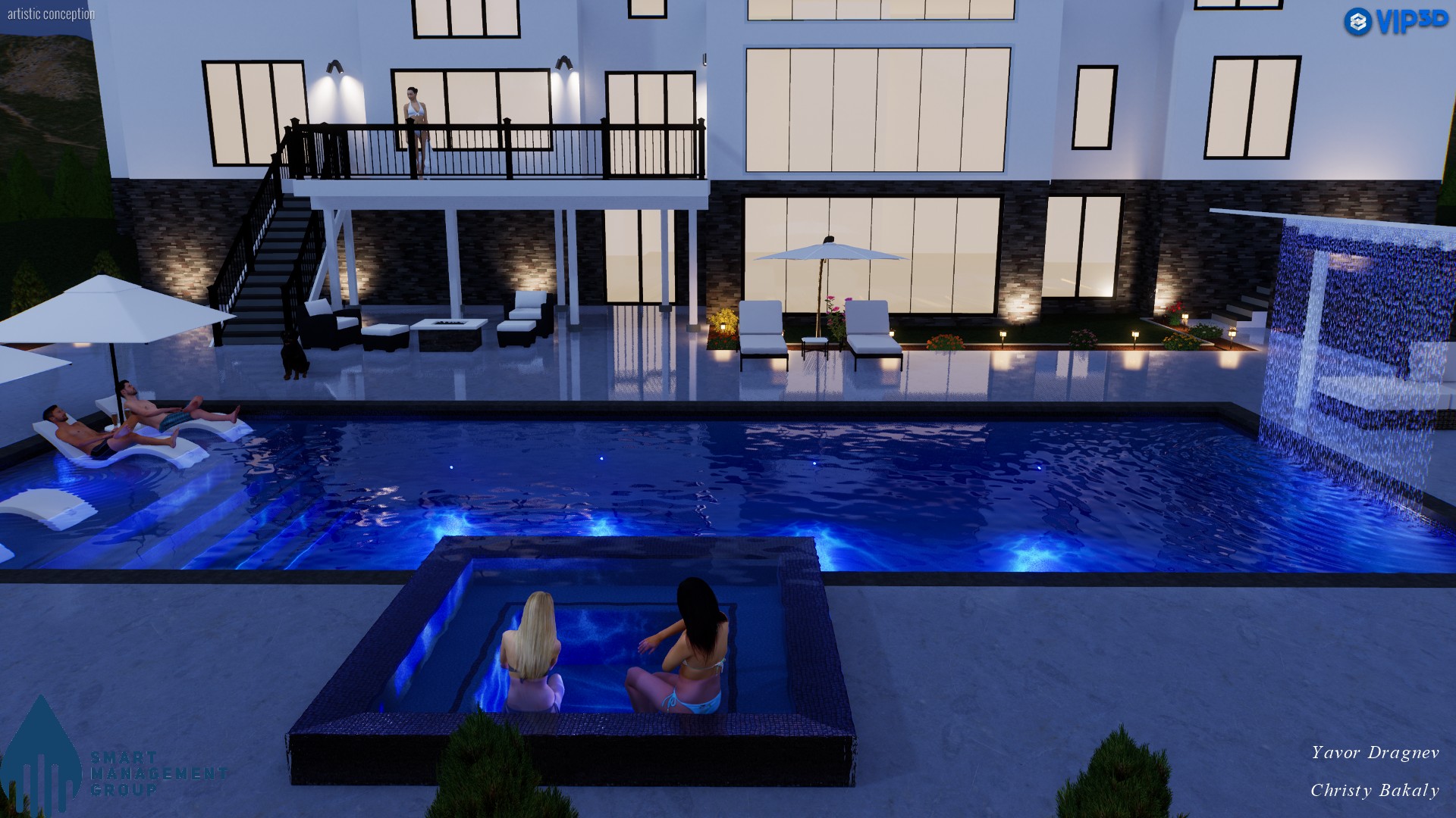 Night rendering of modern pool with spa, lighting, and waterfall wall