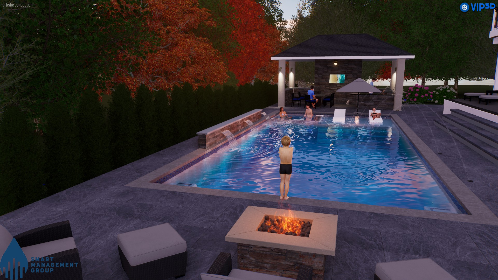 Evening rendering of pool with fire feature, pavilion, and lounge area